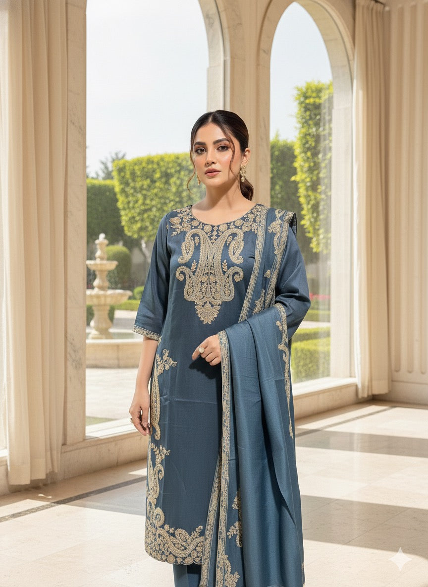 Elnore Womens Grey embroidered stiched churidar set