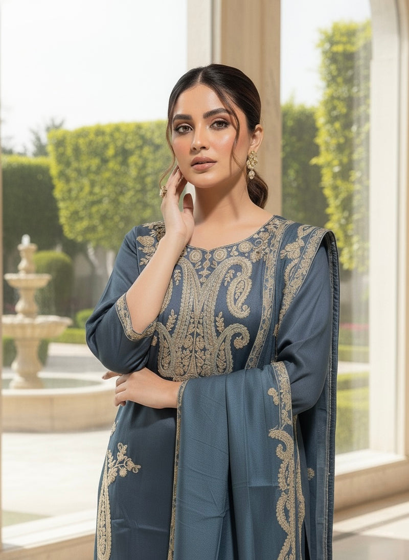 Elnore Womens Grey embroidered stiched churidar set