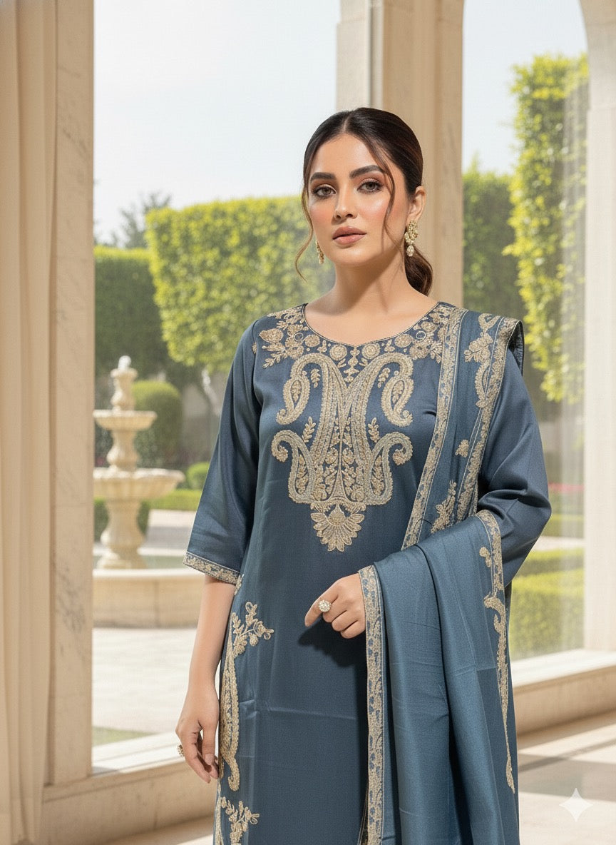 Elnore Womens Grey embroidered stiched churidar set