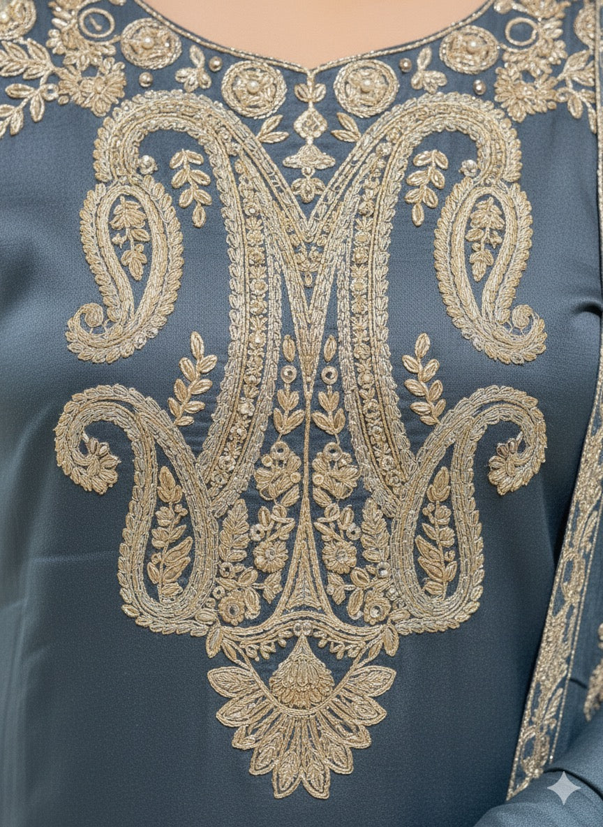 Elnore Womens Grey embroidered stiched churidar set