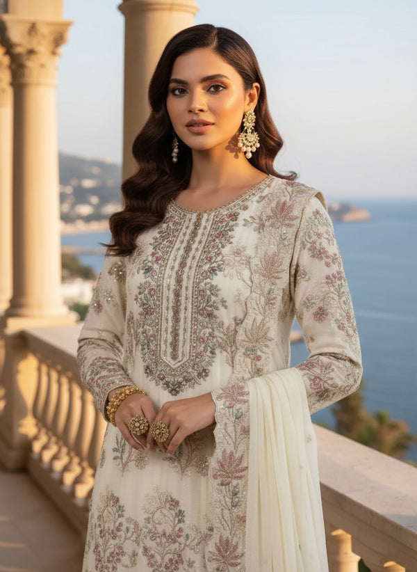 White anarkali set with dupatta by Elnore Clothing