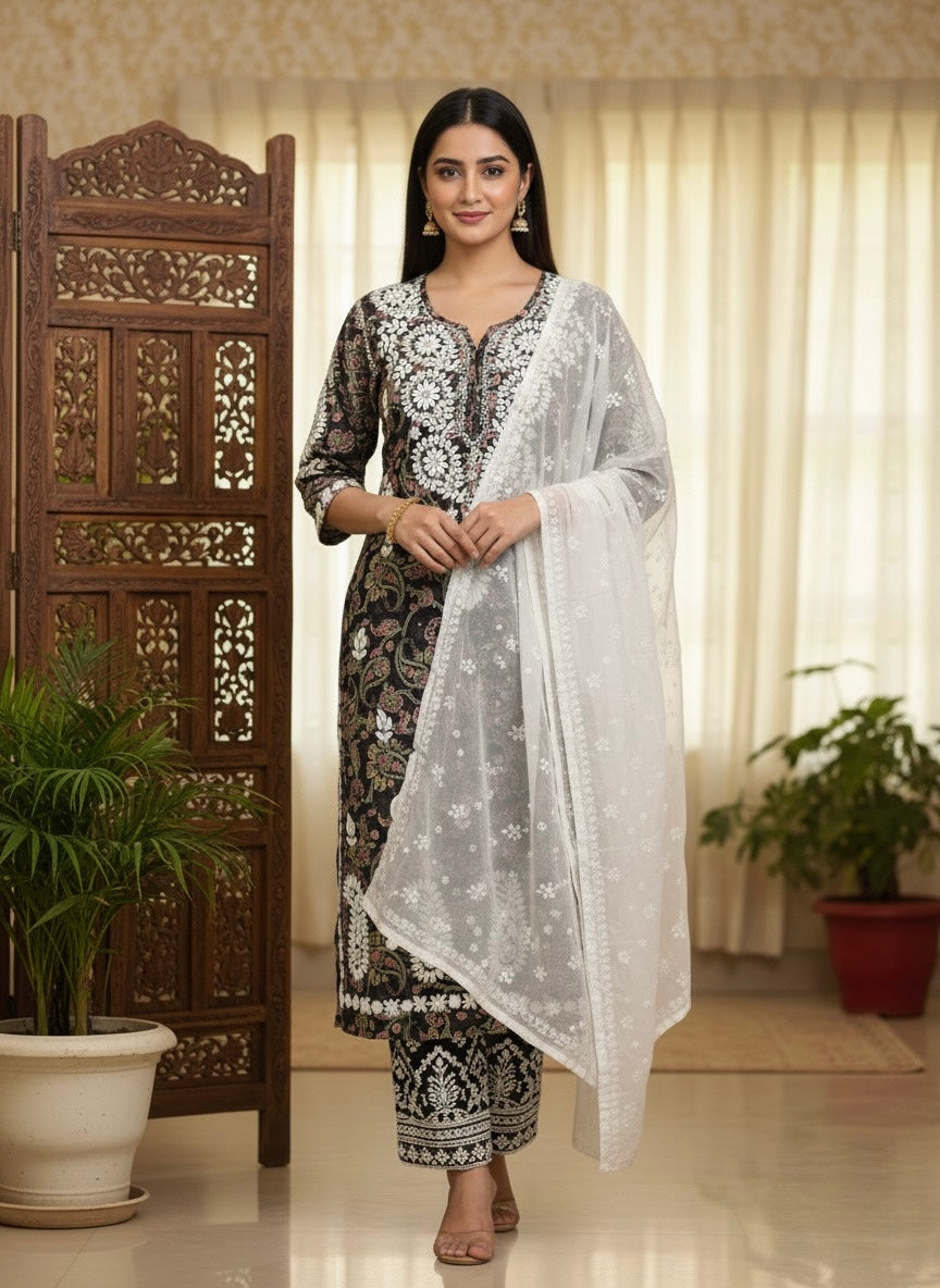 Elnore Women's Embroidery Solid Anarkali Kurta and Pant Set