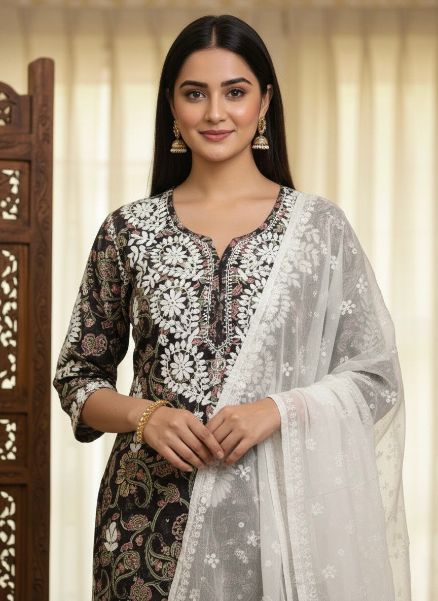 Elnore Women's Embroidery Solid Anarkali Kurta and Pant Set